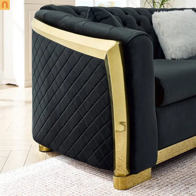 Sectional Sofa L-Shape Velvet Black Gold Steel Tufted 106in