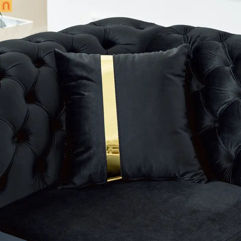 Sectional Sofa L-Shape Velvet Black Gold Steel Tufted 106in