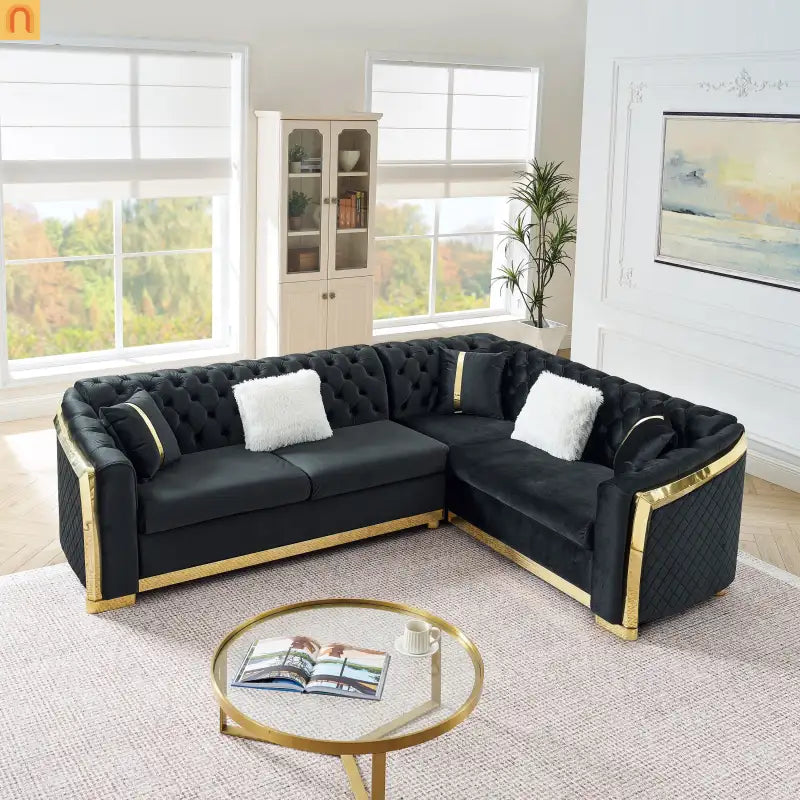 Sectional Sofa L-Shape Velvet Black Gold Steel Tufted 106in