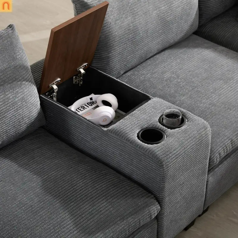 Sectional Sofa Modular Corduroy Gray 6-Seat USB Console 140in
