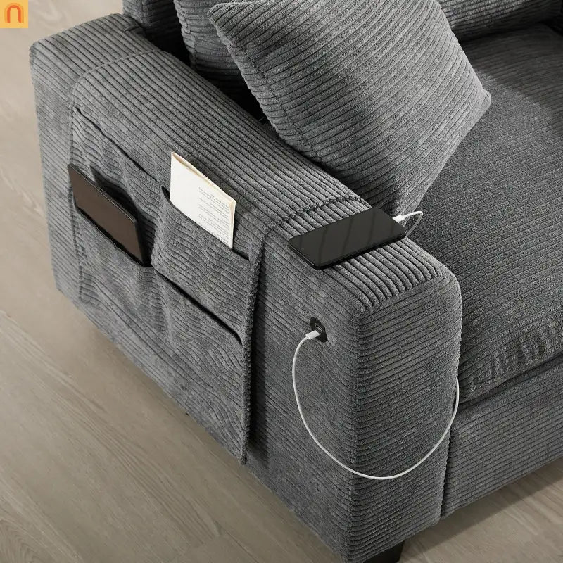 Sectional Sofa Modular Corduroy Gray 6-Seat USB Console 140in