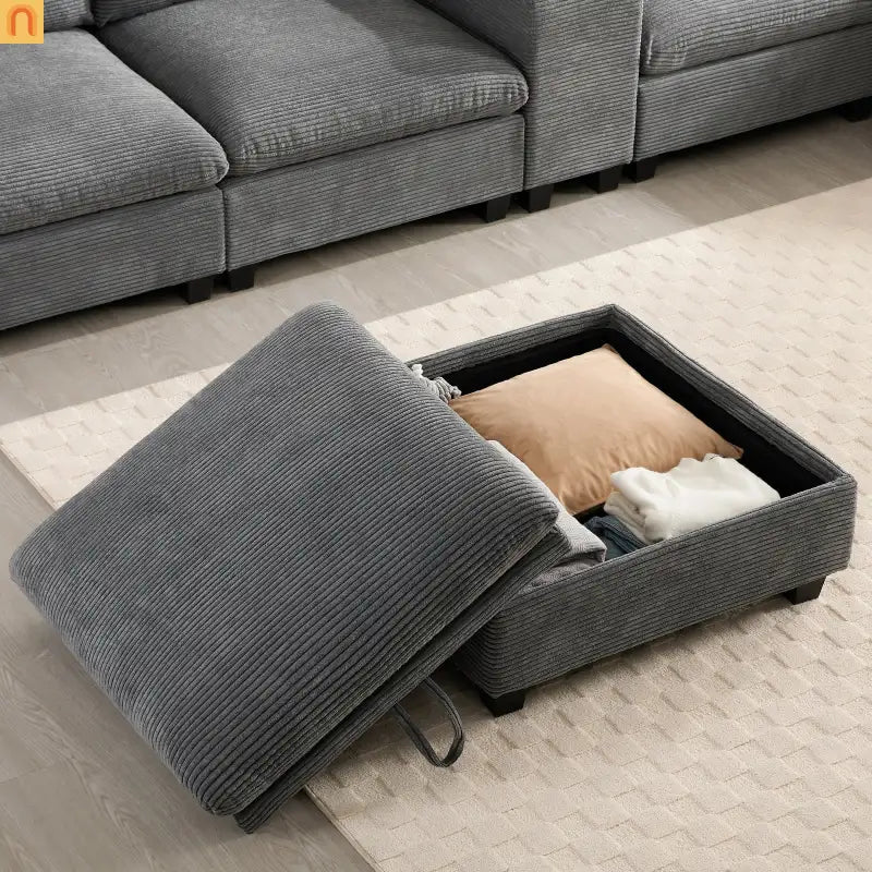 Sectional Sofa Modular Corduroy Gray 6-Seat USB Console 140in