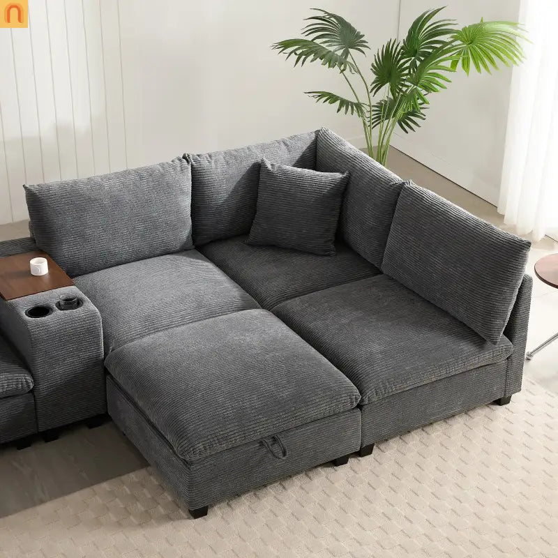 Sectional Sofa Modular Corduroy Gray 6-Seat USB Console 140in