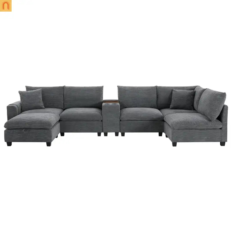 Sectional Sofa Modular Corduroy Gray 6-Seat USB Console 140in