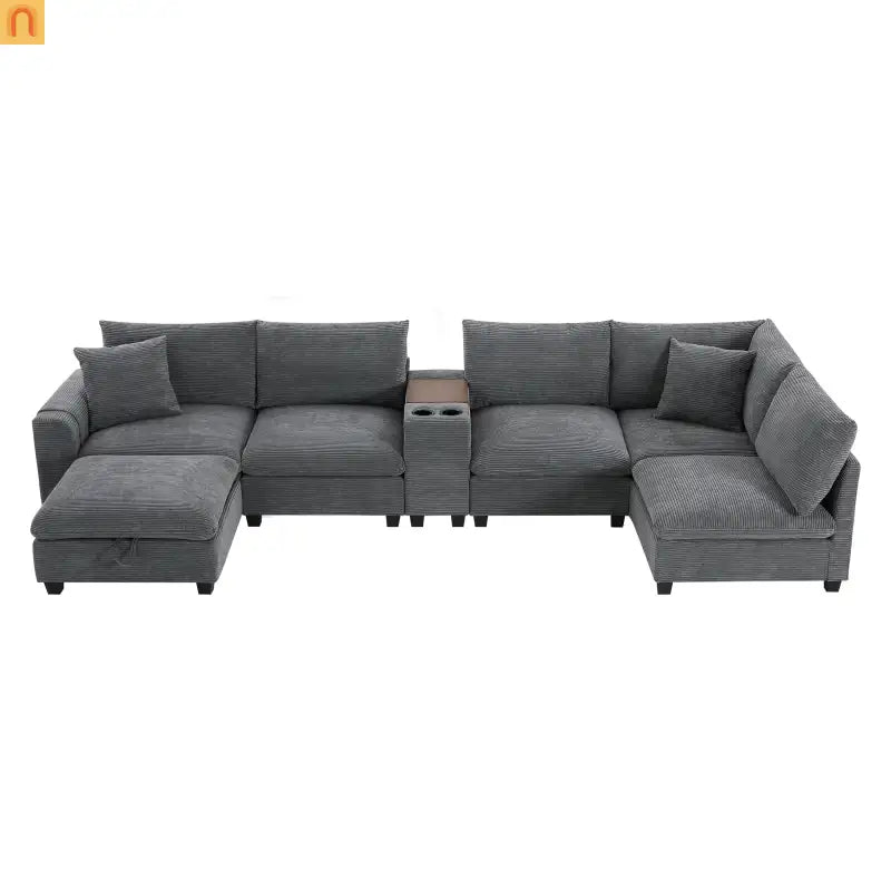 Sectional Sofa Modular Corduroy Gray 6-Seat USB Console 140in