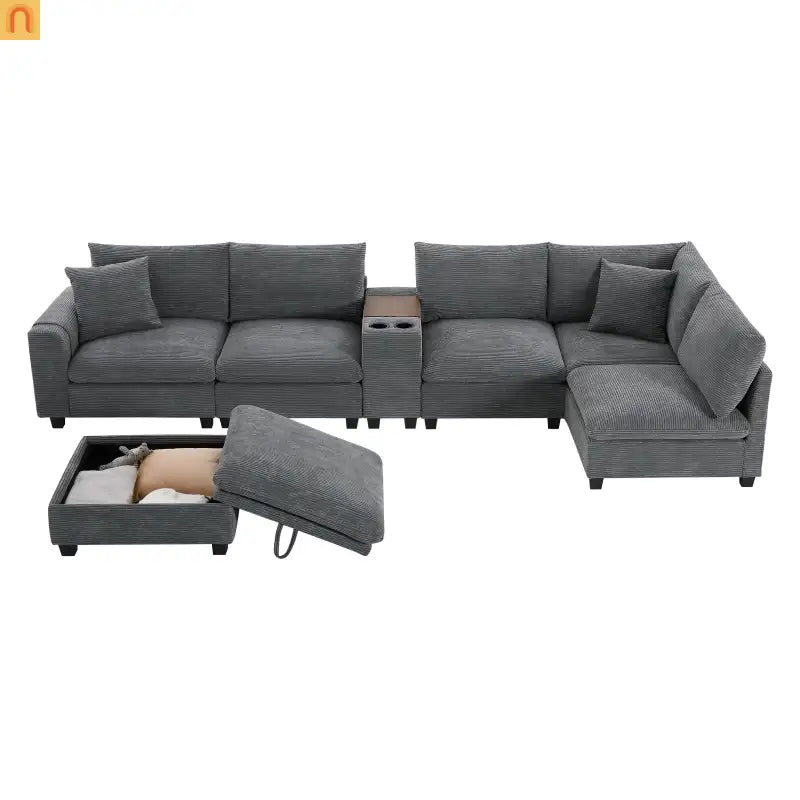 Sectional Sofa Modular Corduroy Gray 6-Seat USB Console 140in