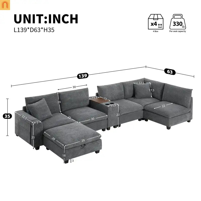 Sectional Sofa Modular Corduroy Gray 6-Seat USB Console 140in