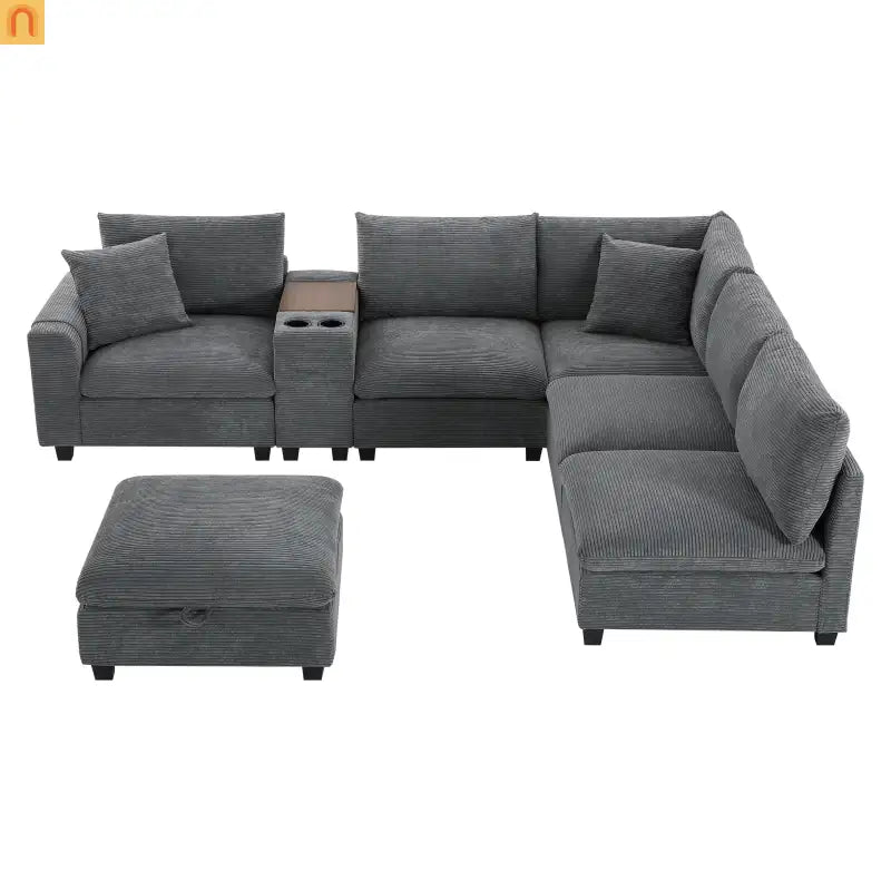 Sectional Sofa Modular Corduroy Gray 6-Seat USB Console 140in