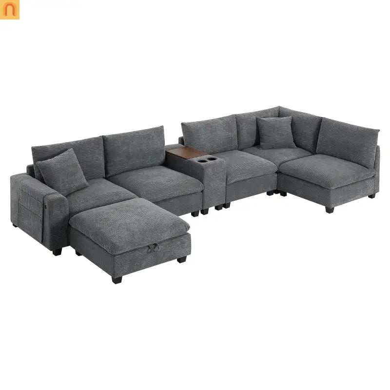 Sectional Sofa Modular Corduroy Gray 6-Seat USB Console 140in