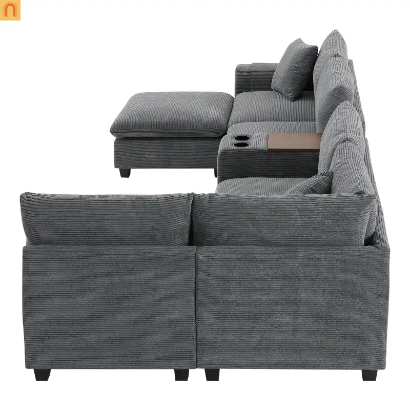Sectional Sofa Modular Corduroy Gray 6-Seat USB Console 140in