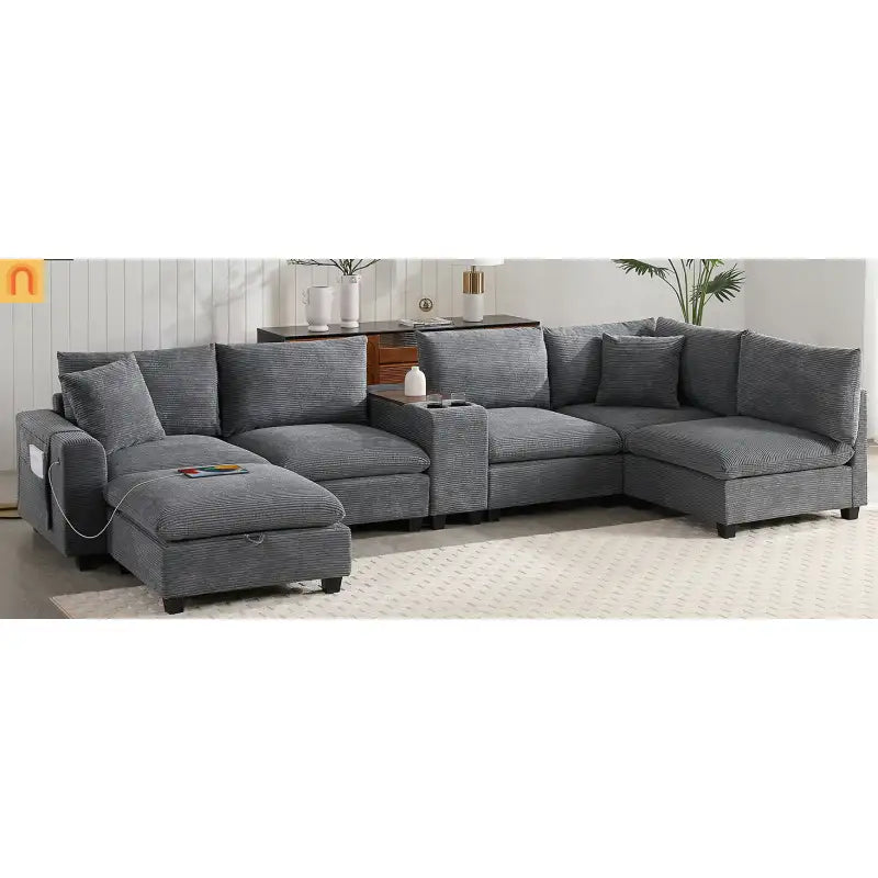 Sectional Sofa Modular Corduroy Gray 6-Seat USB Console 140in