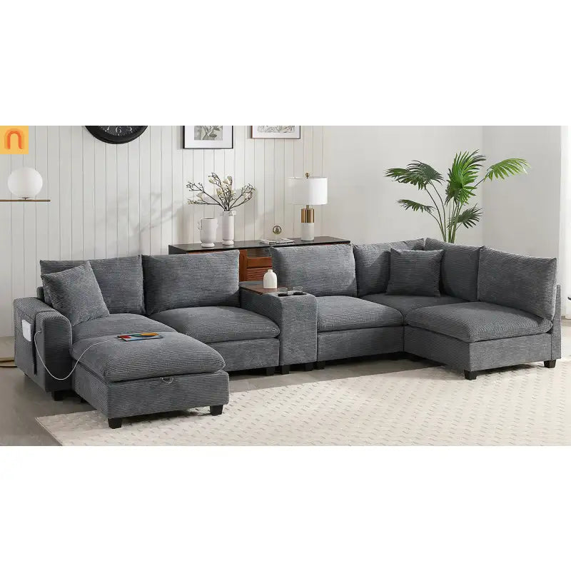 Sectional Sofa Modular Corduroy Gray 6-Seat USB Console 140in