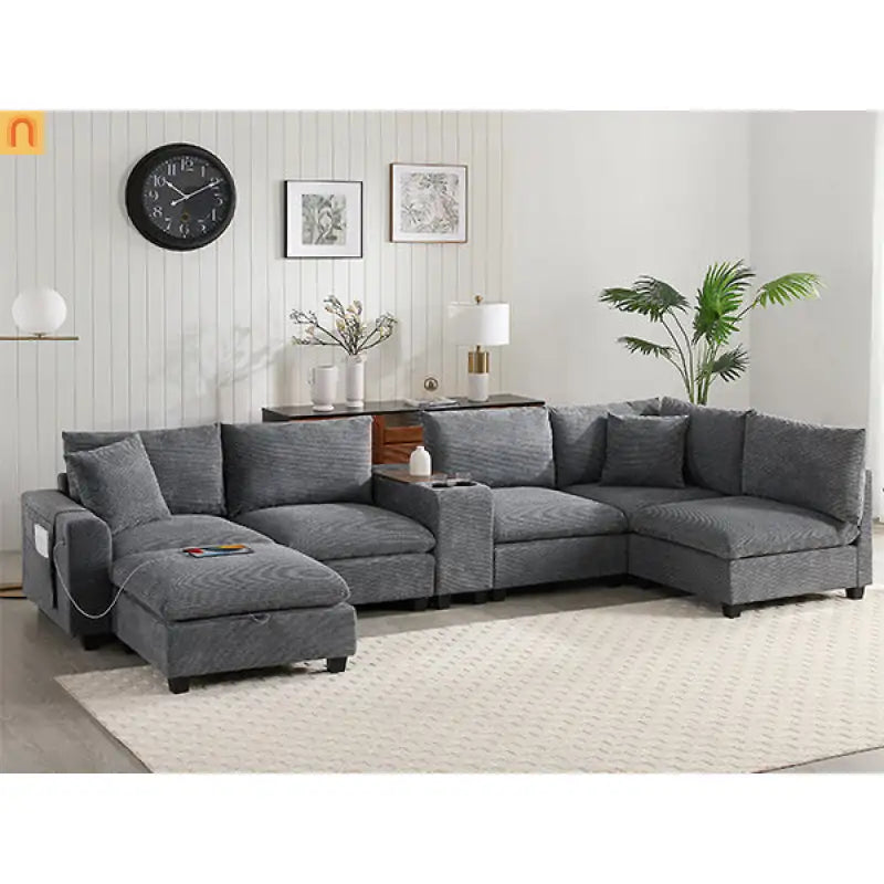 Sectional Sofa Modular Corduroy Gray 6-Seat USB Console 140in