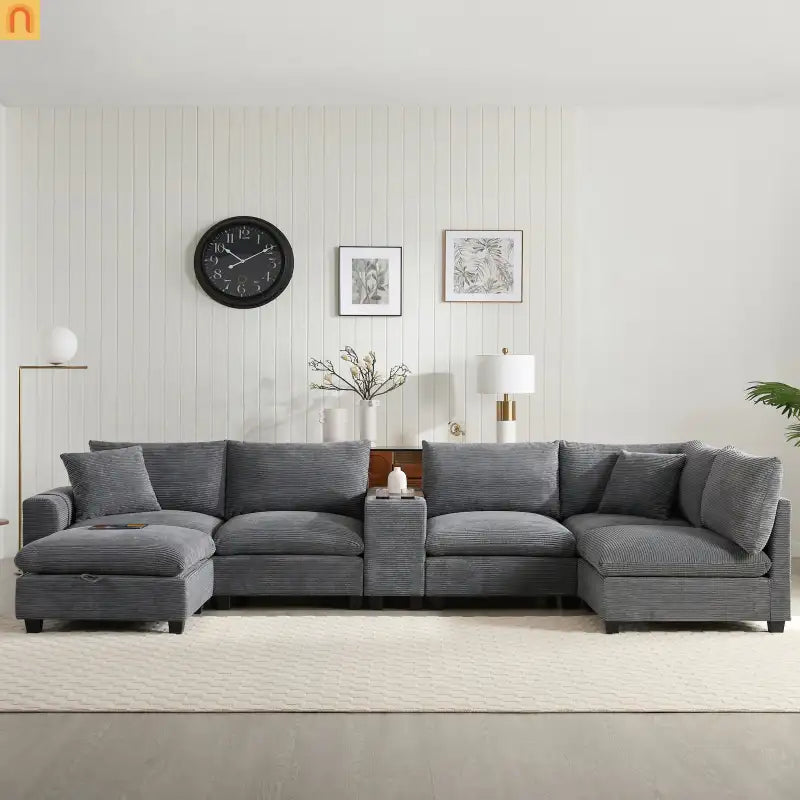 Sectional Sofa Modular Corduroy Gray 6-Seat USB Console 140in