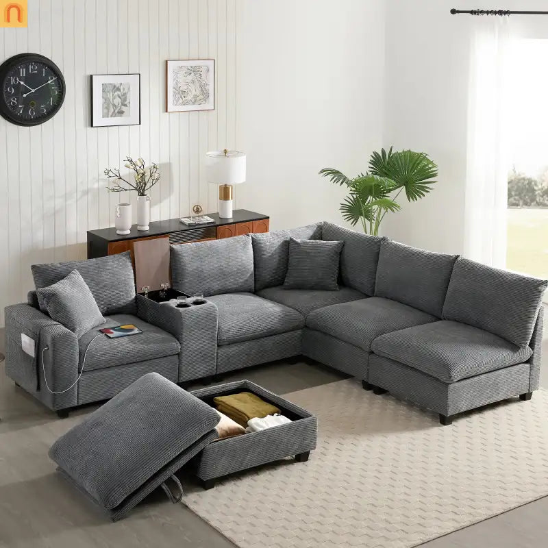 Sectional Sofa Modular Corduroy Gray 6-Seat USB Console 140in
