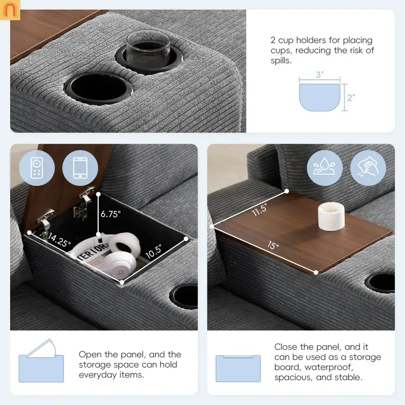 Sectional Sofa Modular Corduroy Gray 6-Seat USB Console 140in