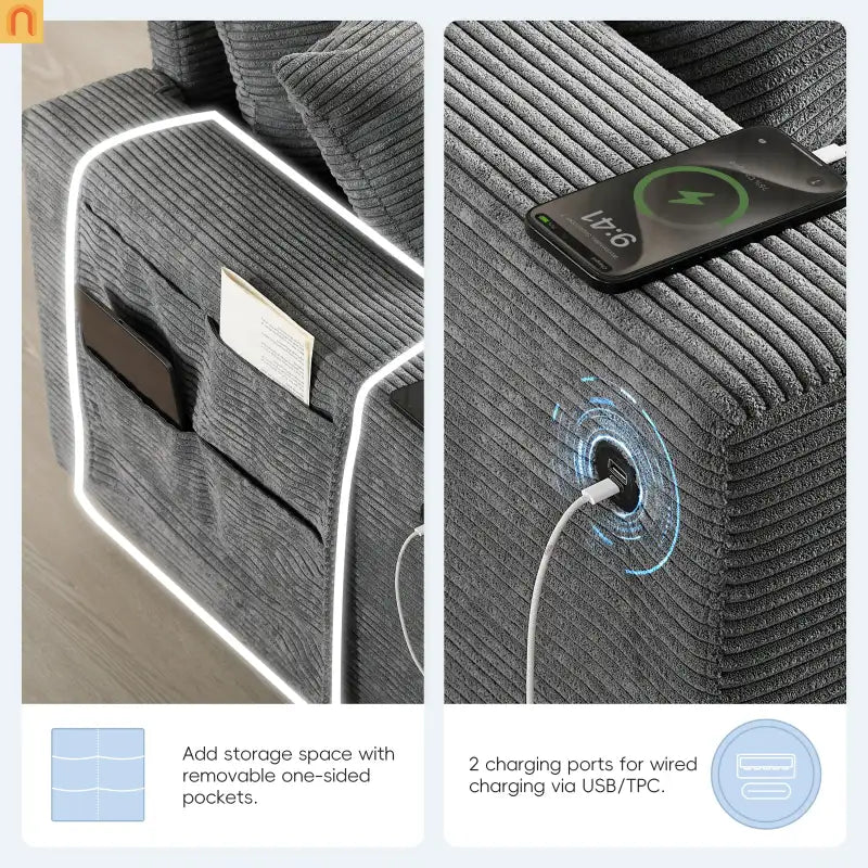 Sectional Sofa Modular Corduroy Gray 6-Seat USB Console 140in