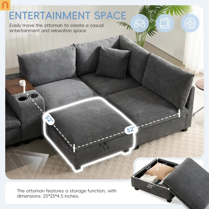 Sectional Sofa Modular Corduroy Gray 6-Seat USB Console 140in