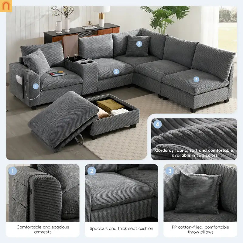 Sectional Sofa Modular Corduroy Gray 6-Seat USB Console 140in