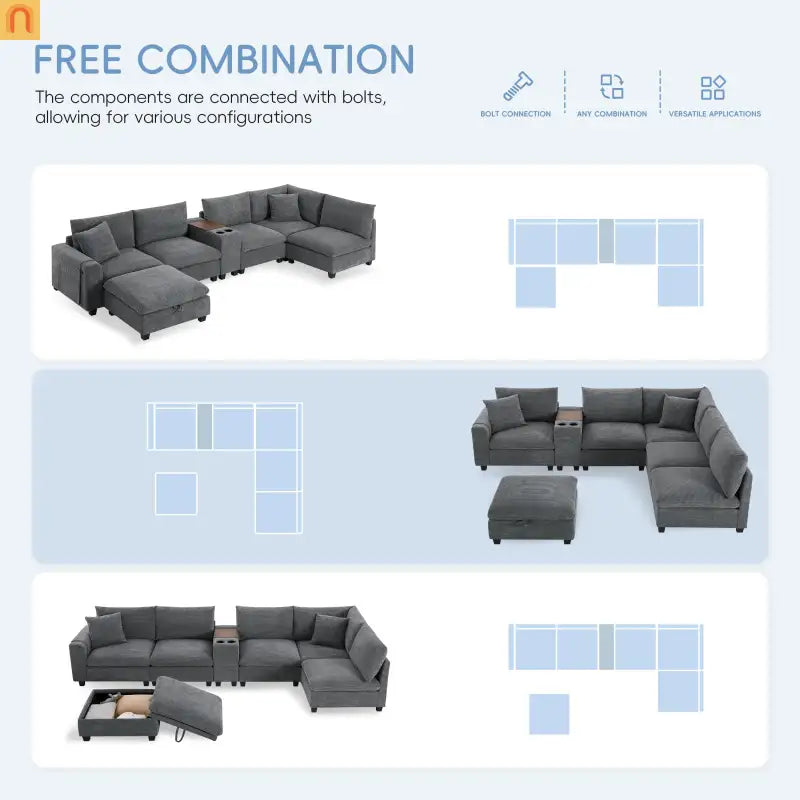 Sectional Sofa Modular Corduroy Gray 6-Seat USB Console 140in