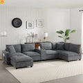 Sectional Sofa Modular Corduroy Gray 6-Seat USB Console 140in