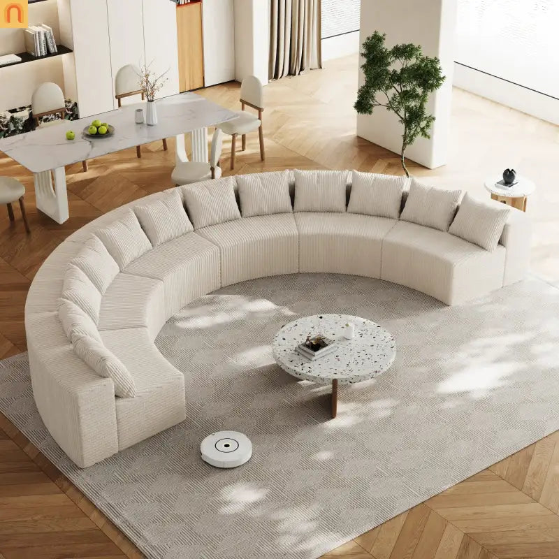 Sectional Curved Modular Corduroy Beige 6 Sections 12 Pillows