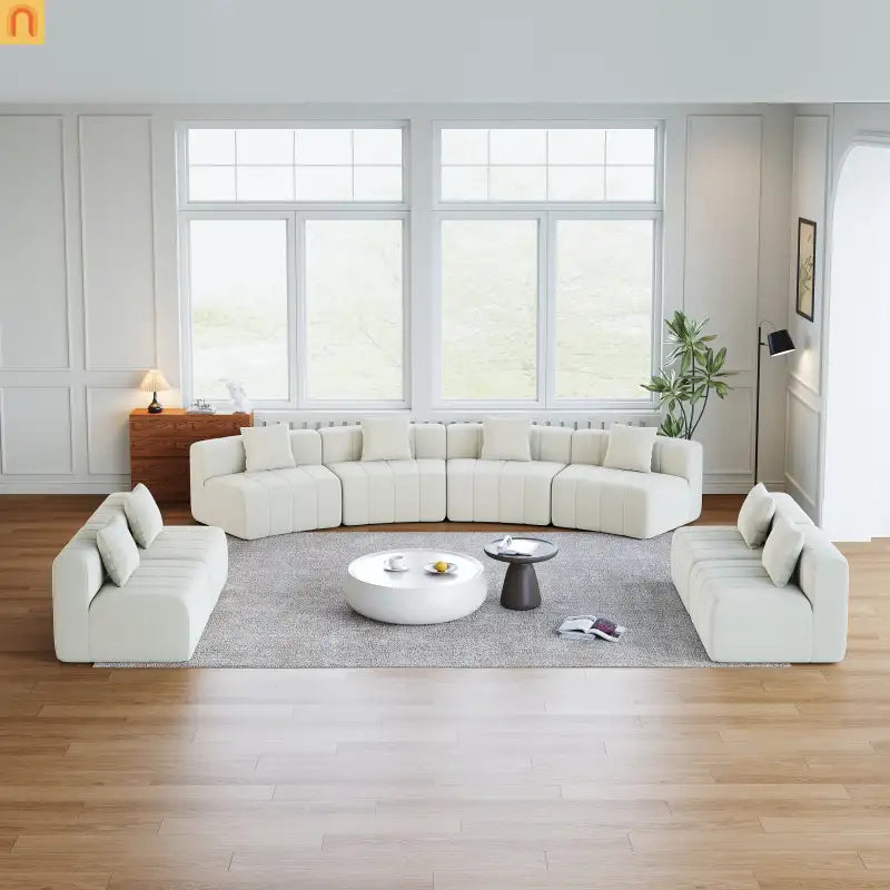 Sectional Sofa Curved Modular Chenille Beige 8-Seat No Assembly