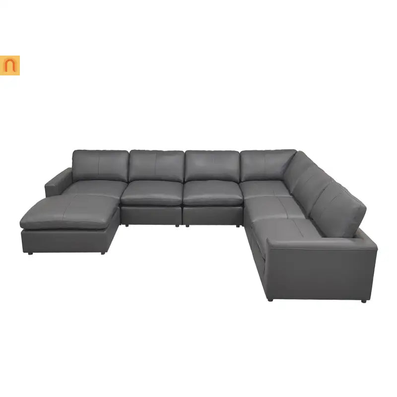 Sectional Sofa L-Shape Leather Match Blue Gray 7-Seat