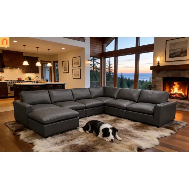 Sectional Sofa L-Shape Leather Match Blue Gray 7-Seat