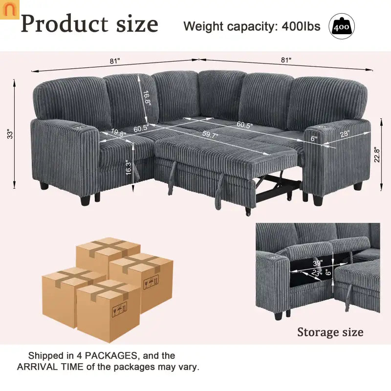 Sectional Sofa Bed L-Shape Corduroy Gray 5-Seat USB Storage