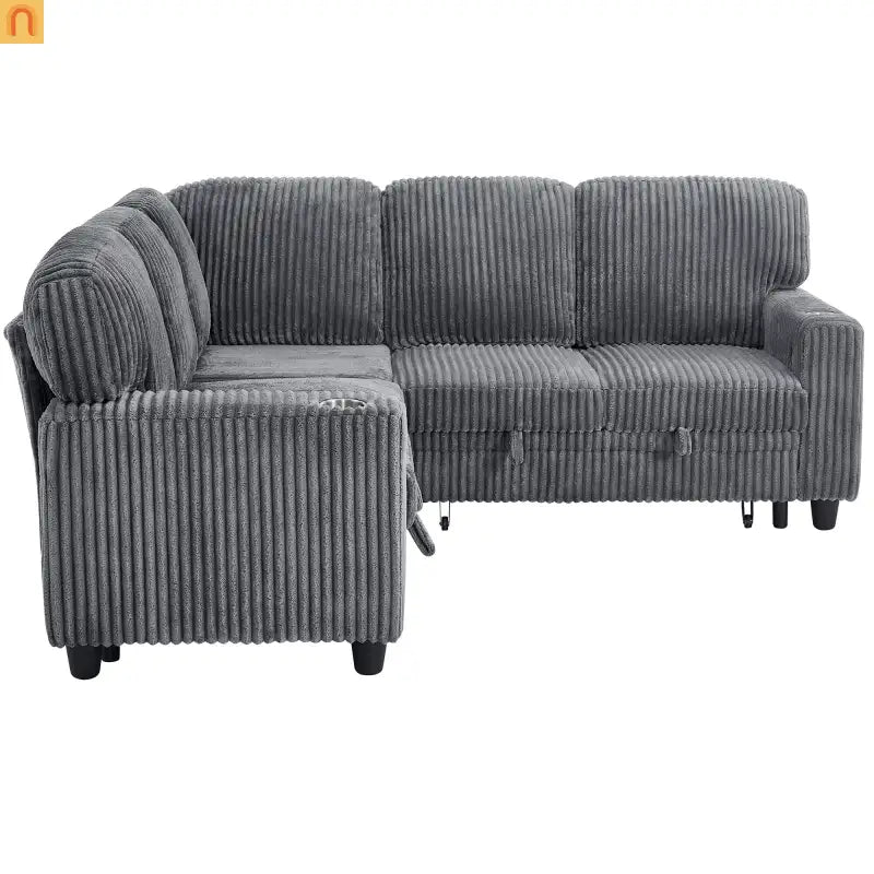 Sectional Sofa Bed L-Shape Corduroy Gray 5-Seat USB Storage