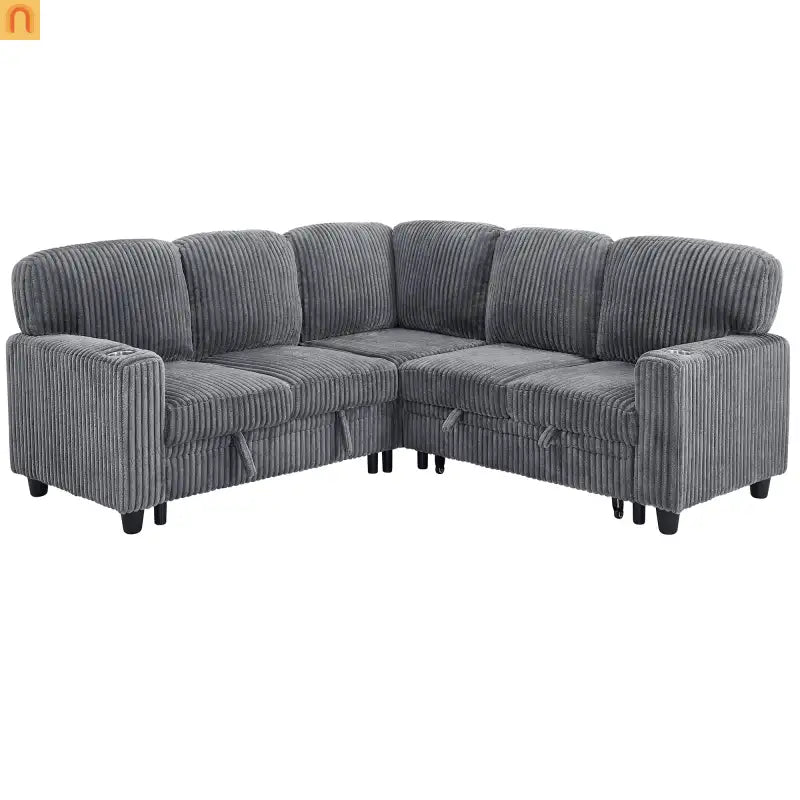 Sectional Sofa Bed L-Shape Corduroy Gray 5-Seat USB Storage