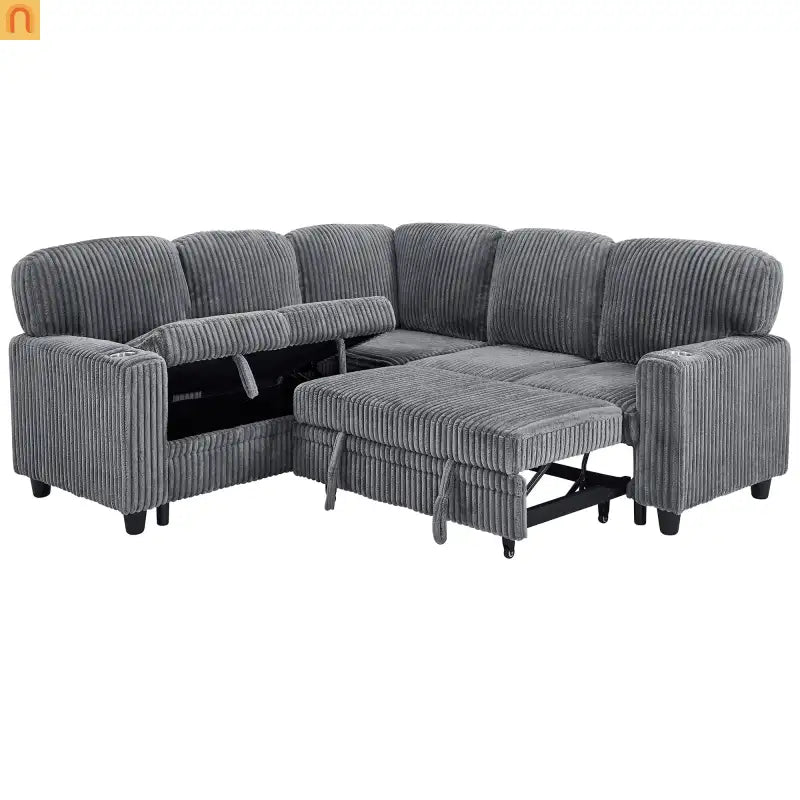 Sectional Sofa Bed L-Shape Corduroy Gray 5-Seat USB Storage