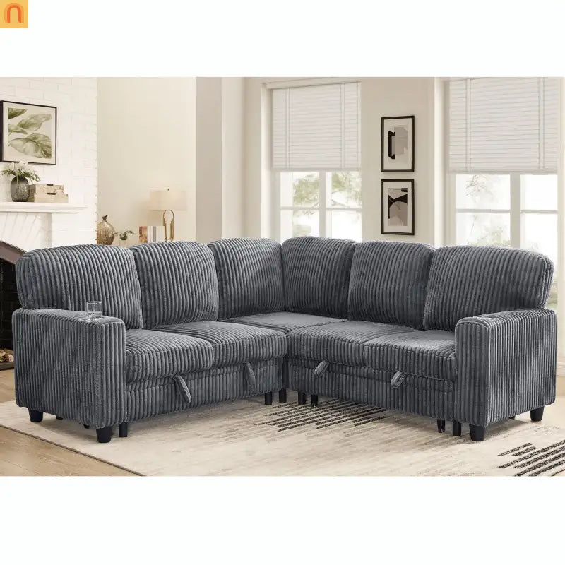Sectional Sofa Bed L-Shape Corduroy Gray 5-Seat USB Storage