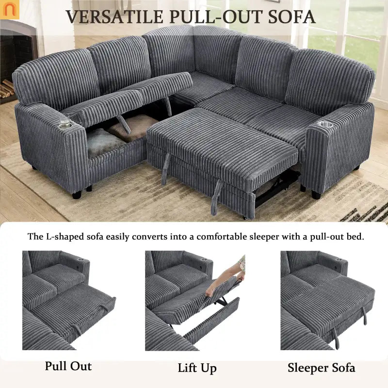 Sectional Sofa Bed L-Shape Corduroy Gray 5-Seat USB Storage