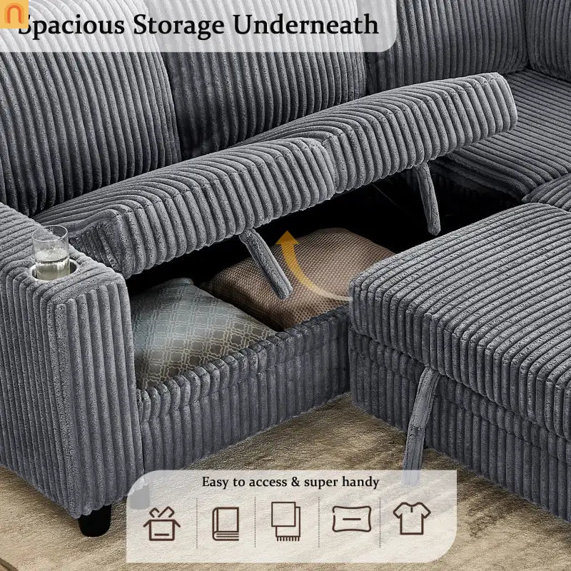 Sectional Sofa Bed L-Shape Corduroy Gray 5-Seat USB Storage