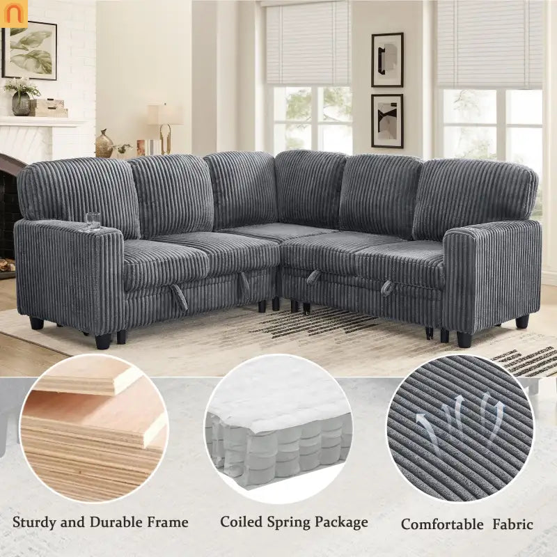 Sectional Sofa Bed L-Shape Corduroy Gray 5-Seat USB Storage