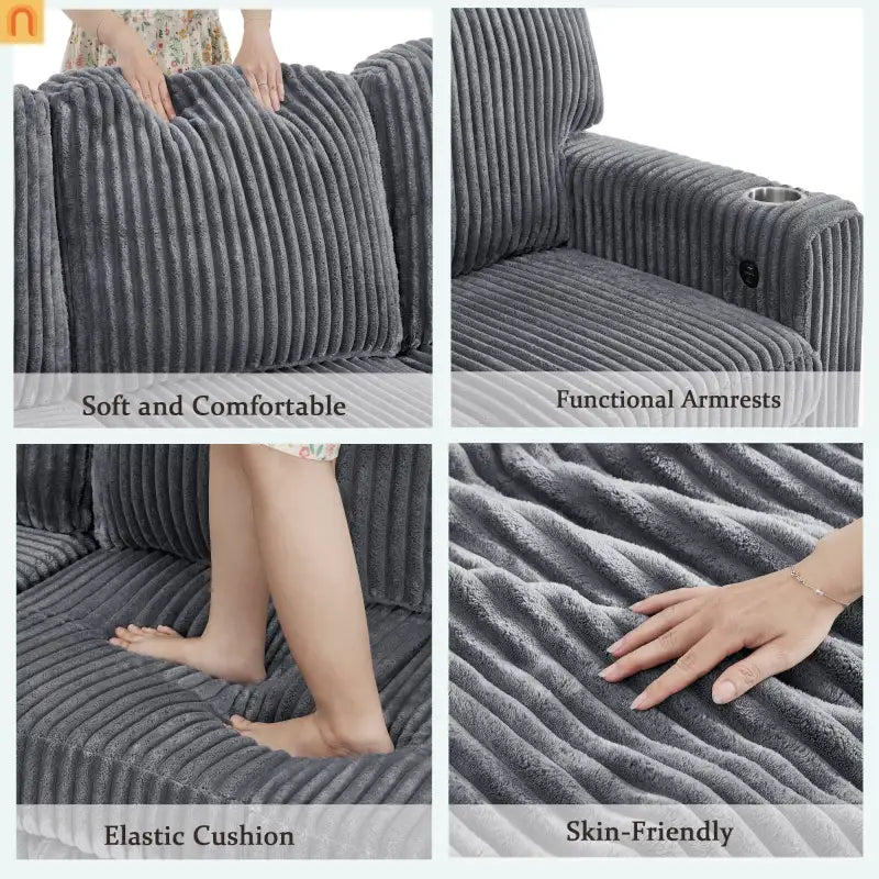 Sectional Sofa Bed L-Shape Corduroy Gray 5-Seat USB Storage