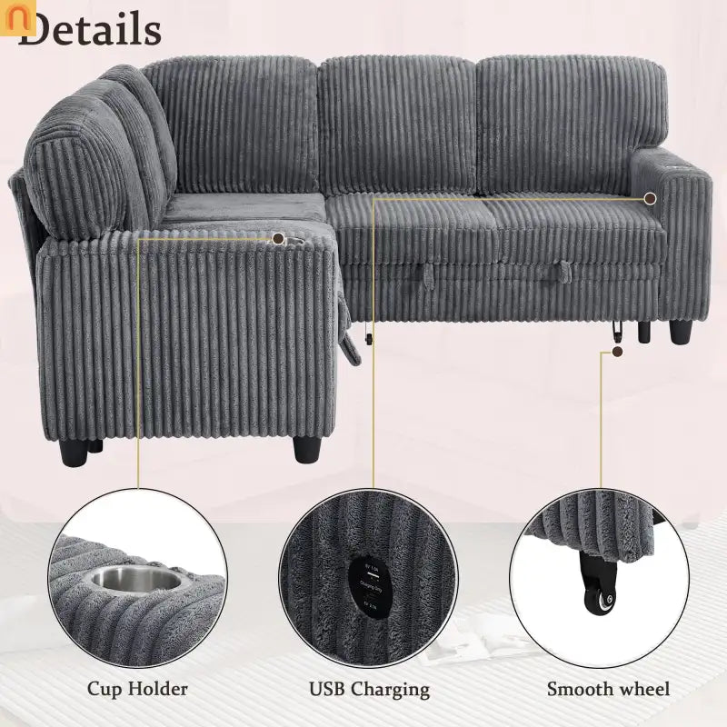 Sectional Sofa Bed L-Shape Corduroy Gray 5-Seat USB Storage
