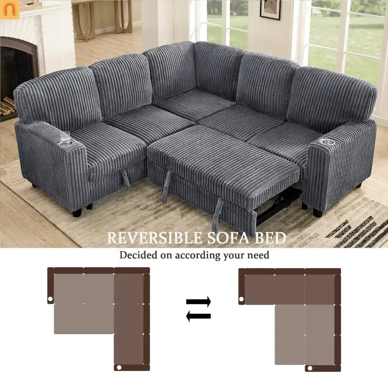Sectional Sofa Bed L-Shape Corduroy Gray 5-Seat USB Storage