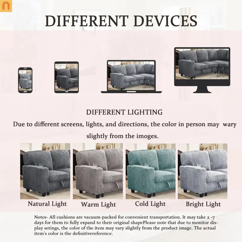 Sectional Sofa Bed L-Shape Corduroy Gray 5-Seat USB Storage