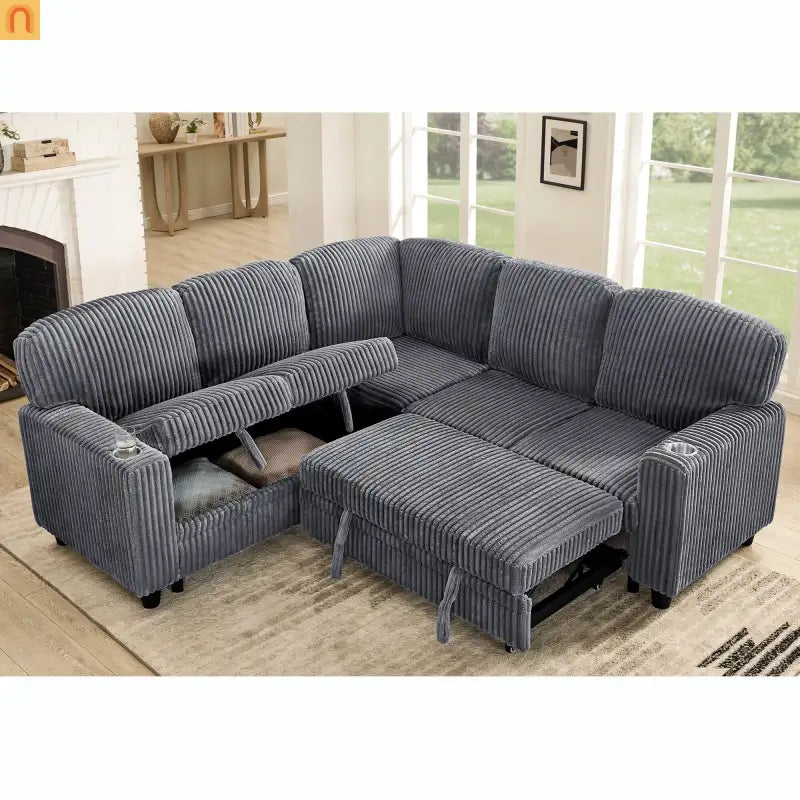 Sectional Sofa Bed L-Shape Corduroy Gray 5-Seat USB Storage