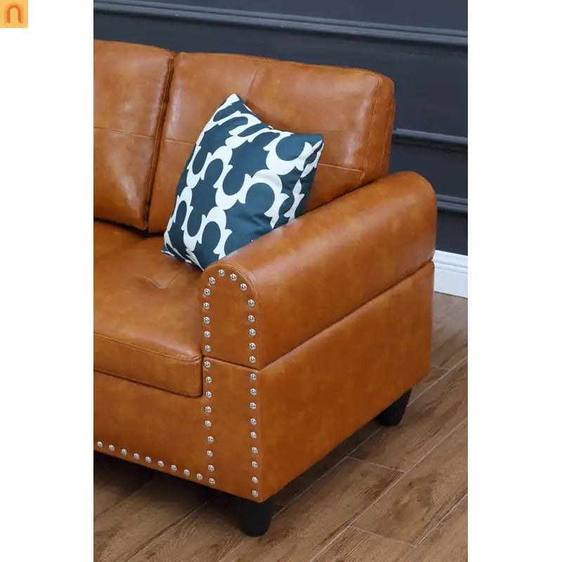 Sectional Sofa L-Shape Faux Leather Ginger 3-Seat Cup Holders