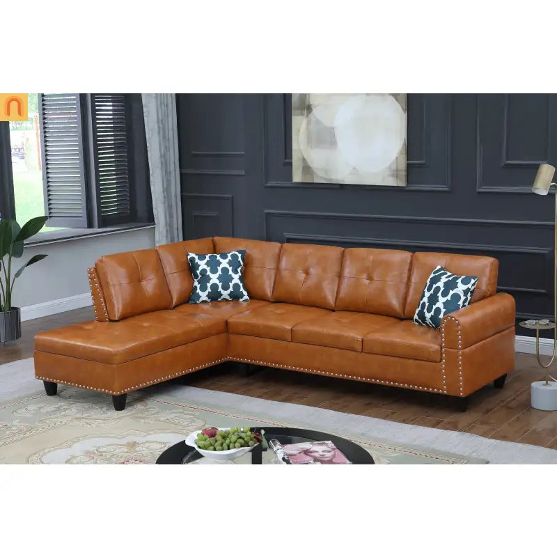 Sectional Sofa L-Shape Faux Leather Ginger 3-Seat Cup Holders