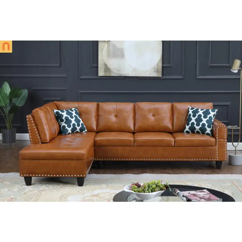 Sectional Sofa L-Shape Faux Leather Ginger 3-Seat Cup Holders