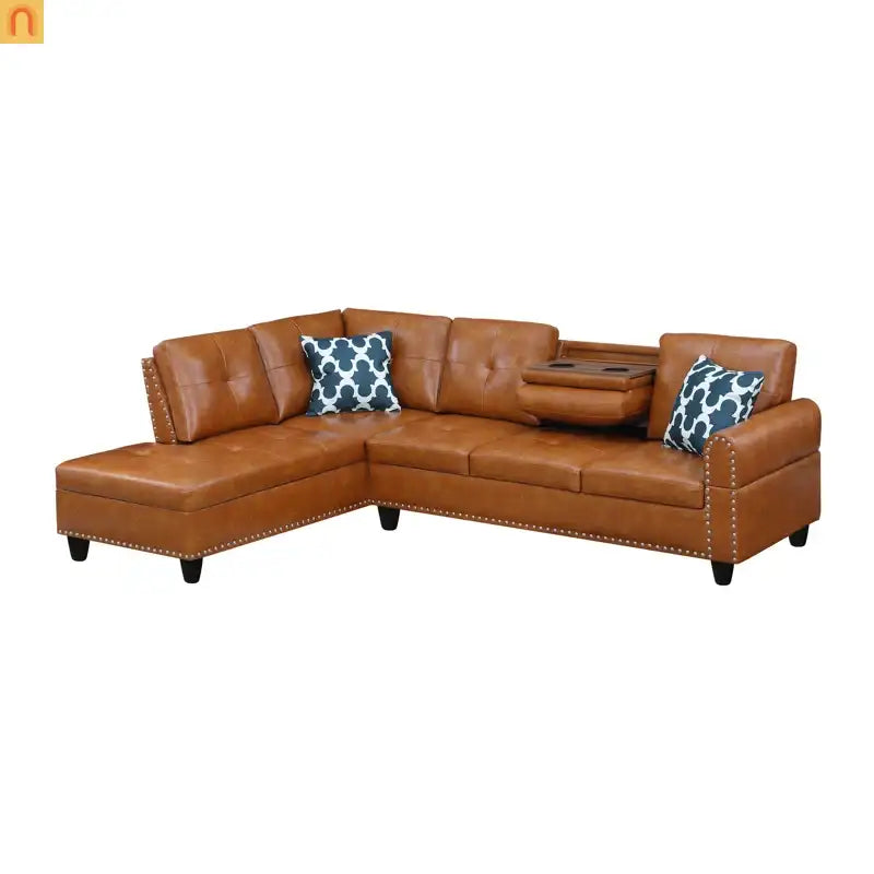 Sectional Sofa L-Shape Faux Leather Ginger 3-Seat Cup Holders