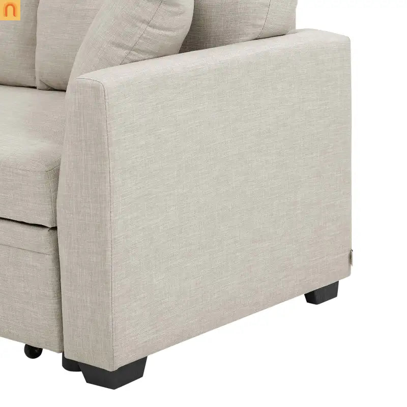 Sectional Sofa L-Shape Linen Almond 3-Seat Pullout Bed Storage