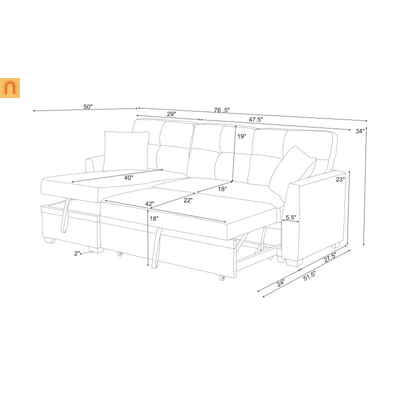 Sectional Sofa L-Shape Linen Almond 3-Seat Pullout Bed Storage