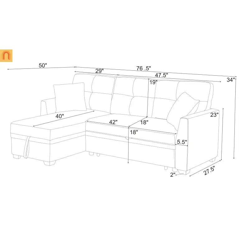 Sectional Sofa L-Shape Linen Almond 3-Seat Pullout Bed Storage