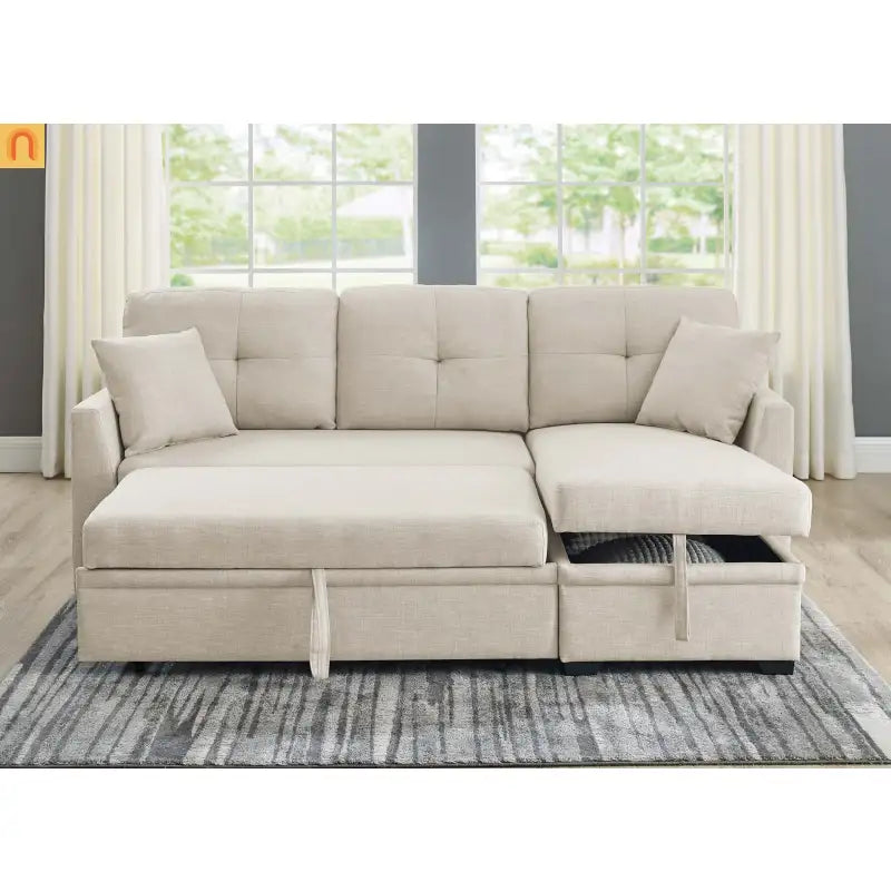 Sectional Sofa L-Shape Linen Almond 3-Seat Pullout Bed Storage
